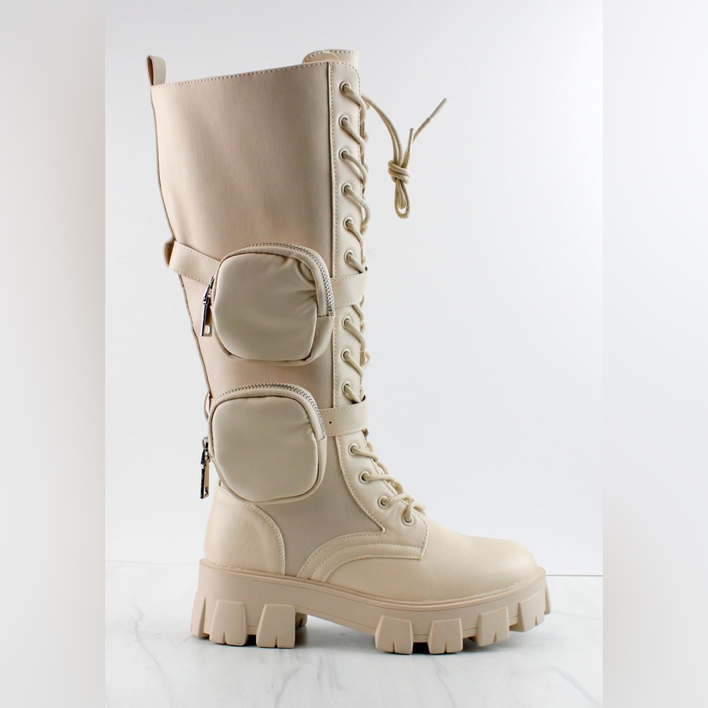 Beige High Double Pouch Combat Boots